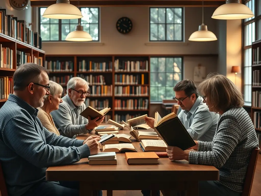 A vibrant book club meeting at the library, with members discussing their latest read and sharing insights.