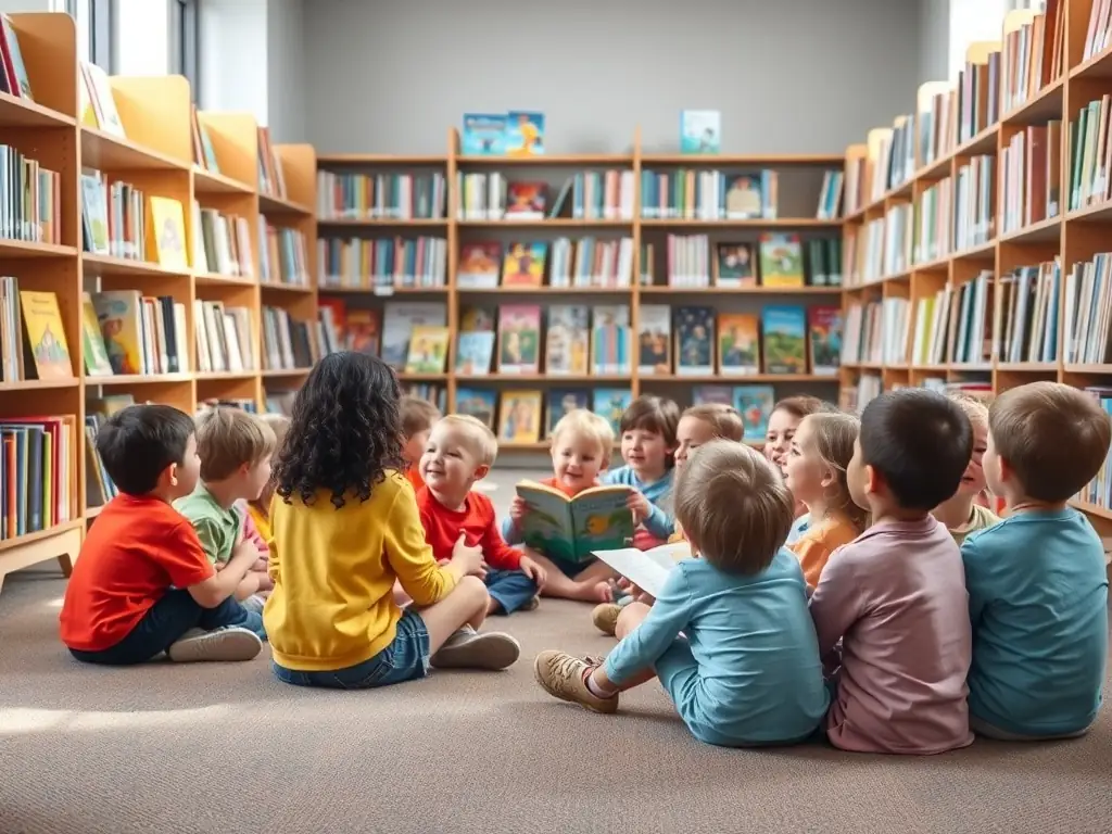 A group of children enthusiastically participating in a storytelling session at the library, surrounded by colorful books and engaging visuals.