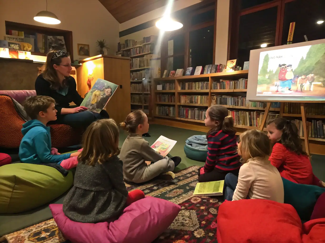 A lively workshop with children and adults engaged in reading activities and group discussions, representing the Educational Programs & Workshops.