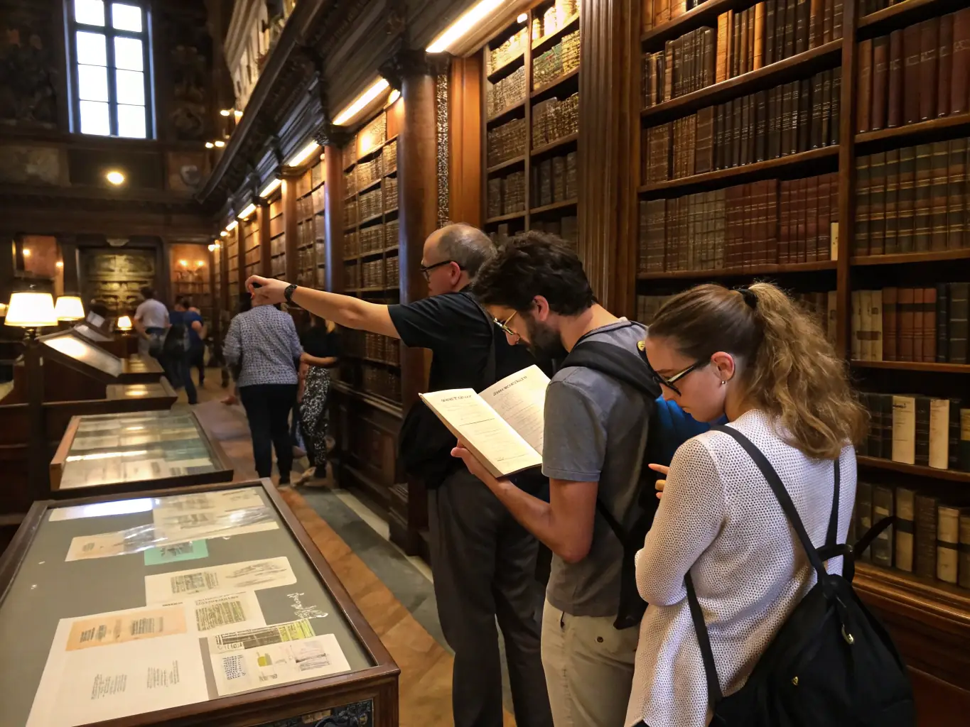 A group of volunteers organizing books and assisting library visitors, highlighting the Volunteer Opportunities program.