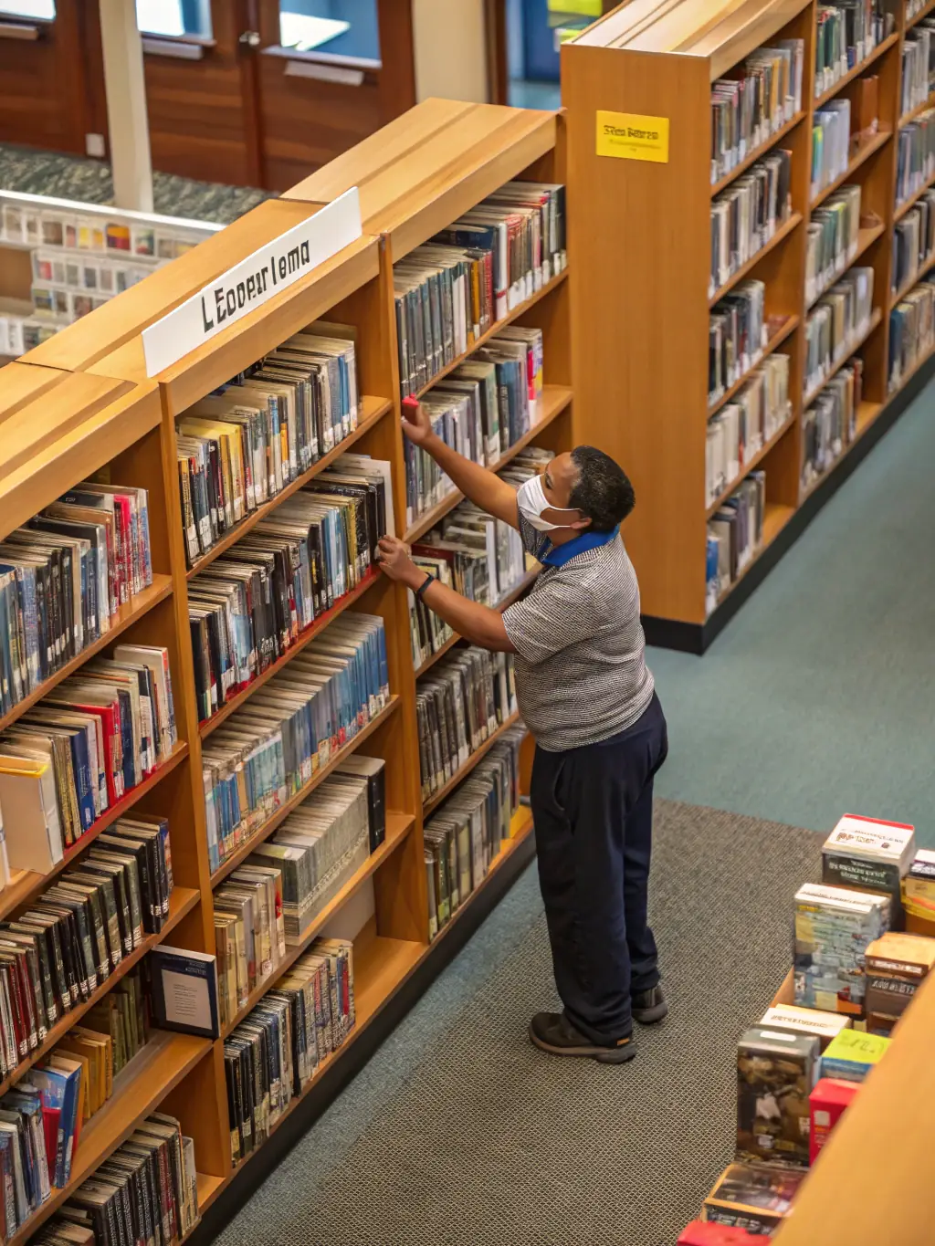 A picture of new books being added to the library shelves, emphasizing the importance of donations.