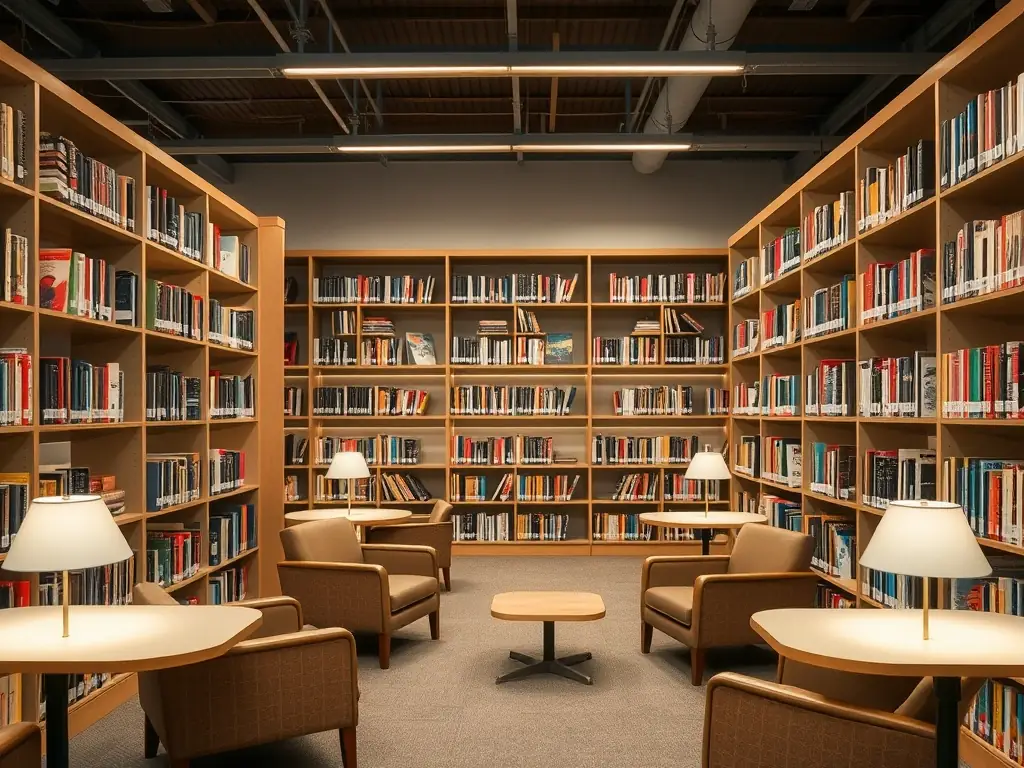 A welcoming library interior with shelves filled with books, children reading, and volunteers assisting visitors, showcasing the Community Library Access program.