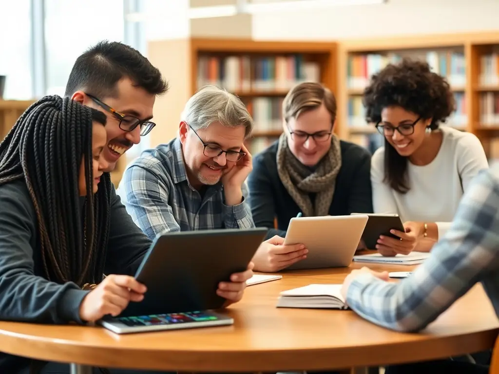 A diverse group of adults attending a computer literacy workshop at the library, learning essential digital skills.